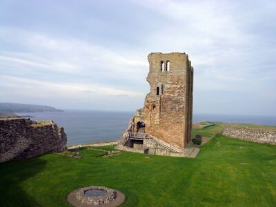 A well lies within the inner bailey of the castle grounds; view towards the town's North Bay.