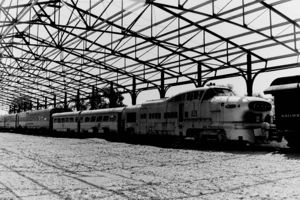 (CC) Photo: Hugh Llewelyn Two former Chicago, Rock Island and Pacific Railroad Aerotrain passenger cars and locomotive No. 2 sit in storage at the National Railroad Museum in Green Bay in August, 1970, prior to restoration.