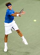 Roger Federer, today's best player, hitting a forehand against James Blake in the quarterfinals of the 2006 U.S. Open.