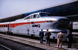 © Photo: Homer G. Benton General Motors Aerotrain Unit No. 1001 arrives at the Los Angeles Union Passenger Terminal in March 1956 in order to commence trial runs between L.A. and San Diego on the Santa Fe Railway's "Surf Line" route.