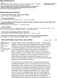 Examples of article comments on BMJ. The comments shown are for a research article published in early 2009. Full names and affiliations are typically given, and commenters indicate conflicts of interest but no login is needed to comment. As with BMC articles, threading is not formally implemented.